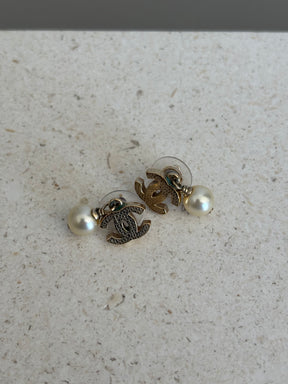 Chanel Pearl Drop Earrings Gold Tone