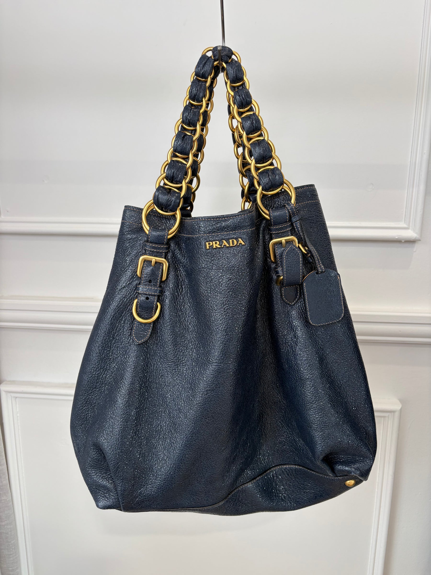 Prada Navy Craquele Cervo Lux Chain Tote Bag