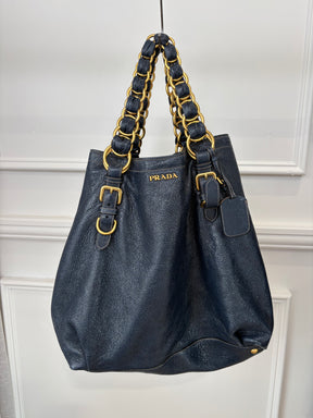 Prada Navy Craquele Cervo Lux Chain Tote Bag