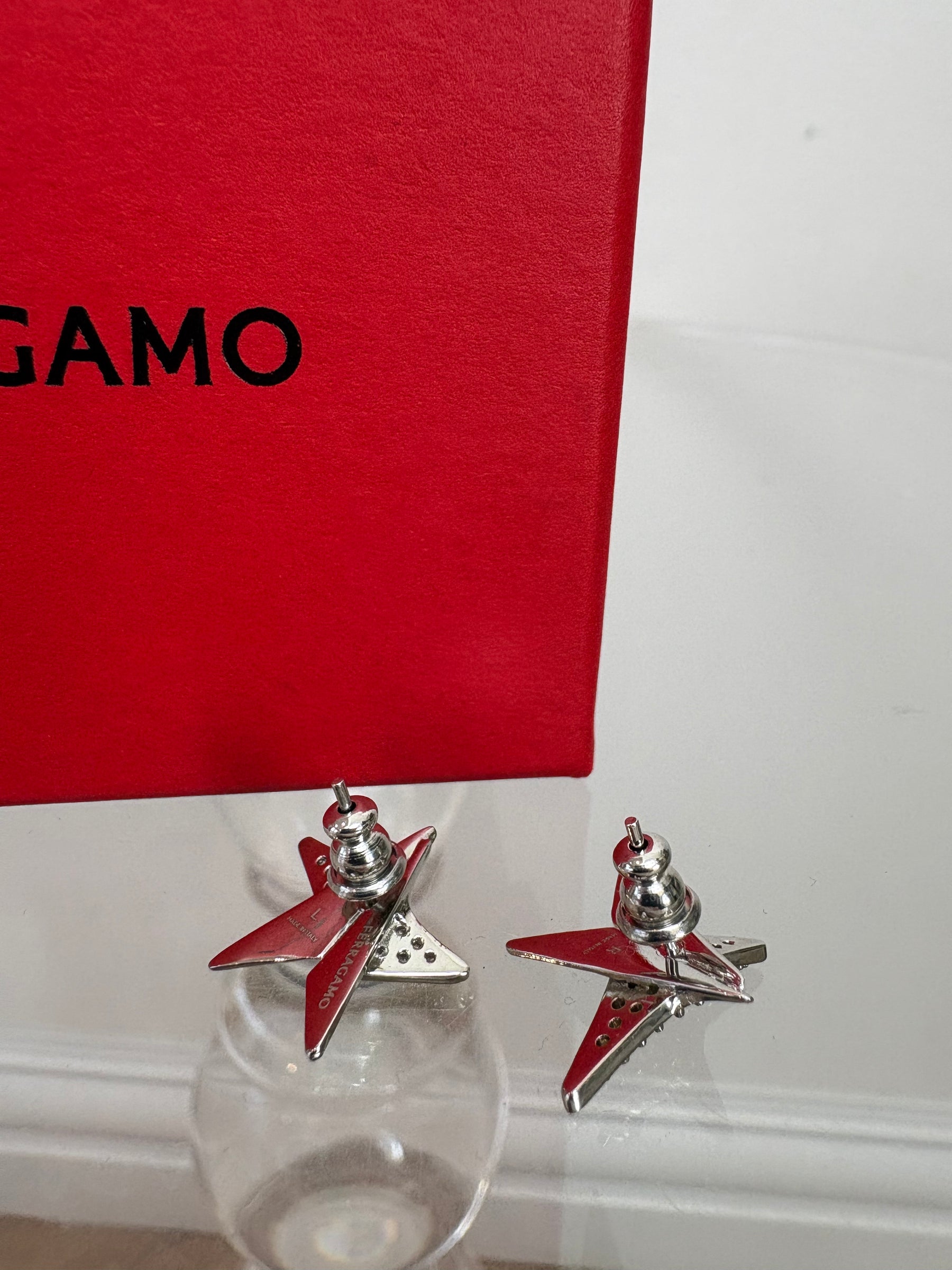 Ferragamo Silver and Crystal Star Stud Earrings