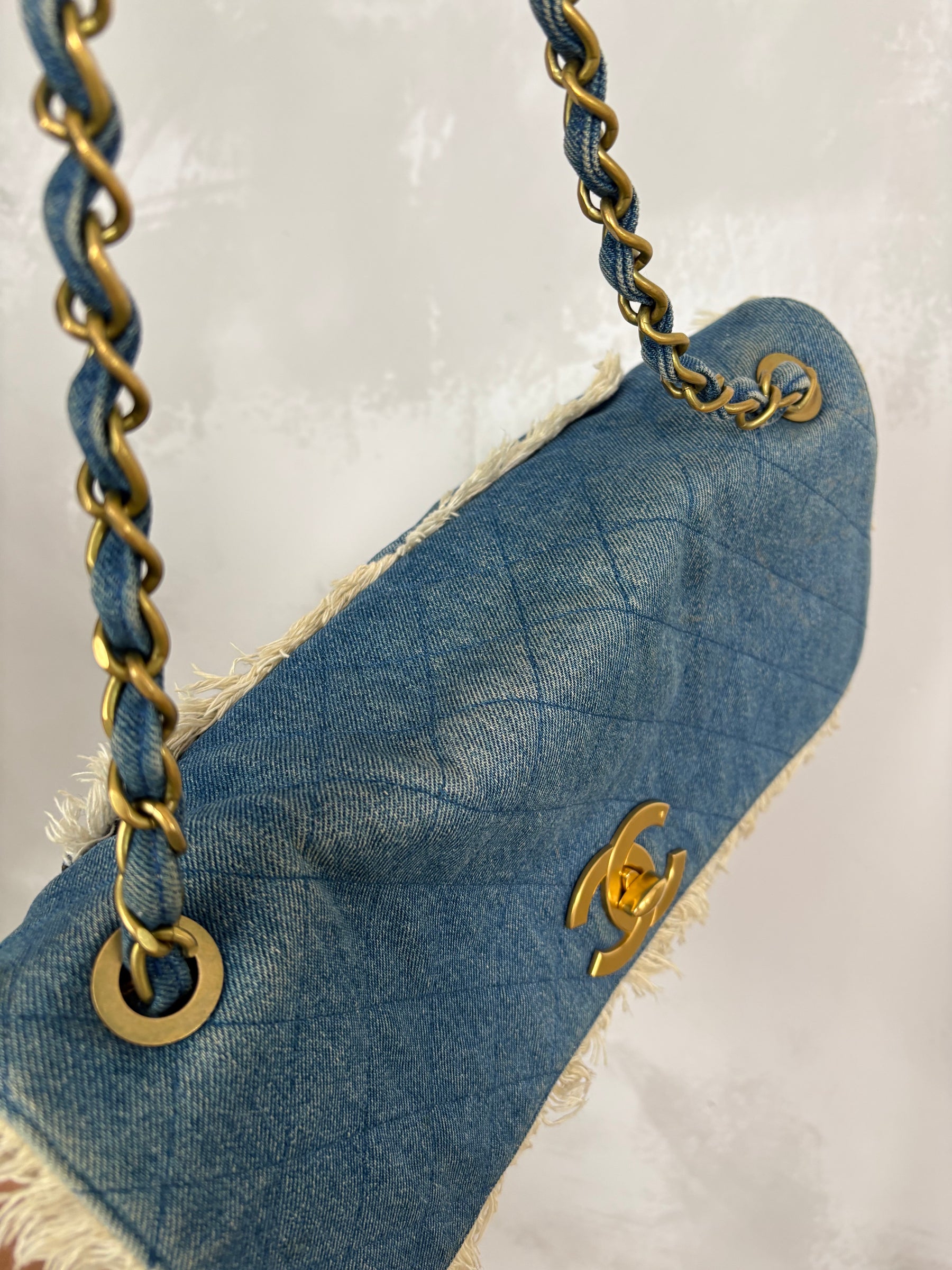 Chanel Blue Denim Cream Fringed Bag