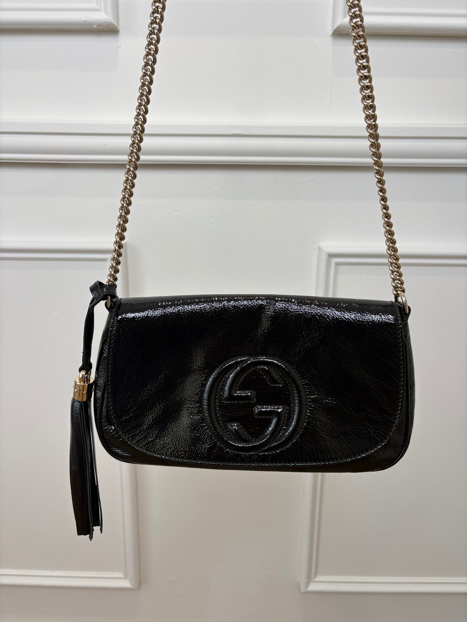 Gucci Black Patent Crinkled Soho Chain Flap bag
