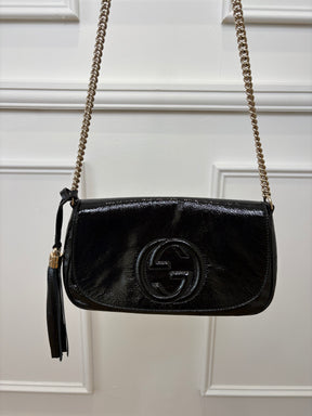 Gucci Black Patent Crinkled Soho Chain Flap bag