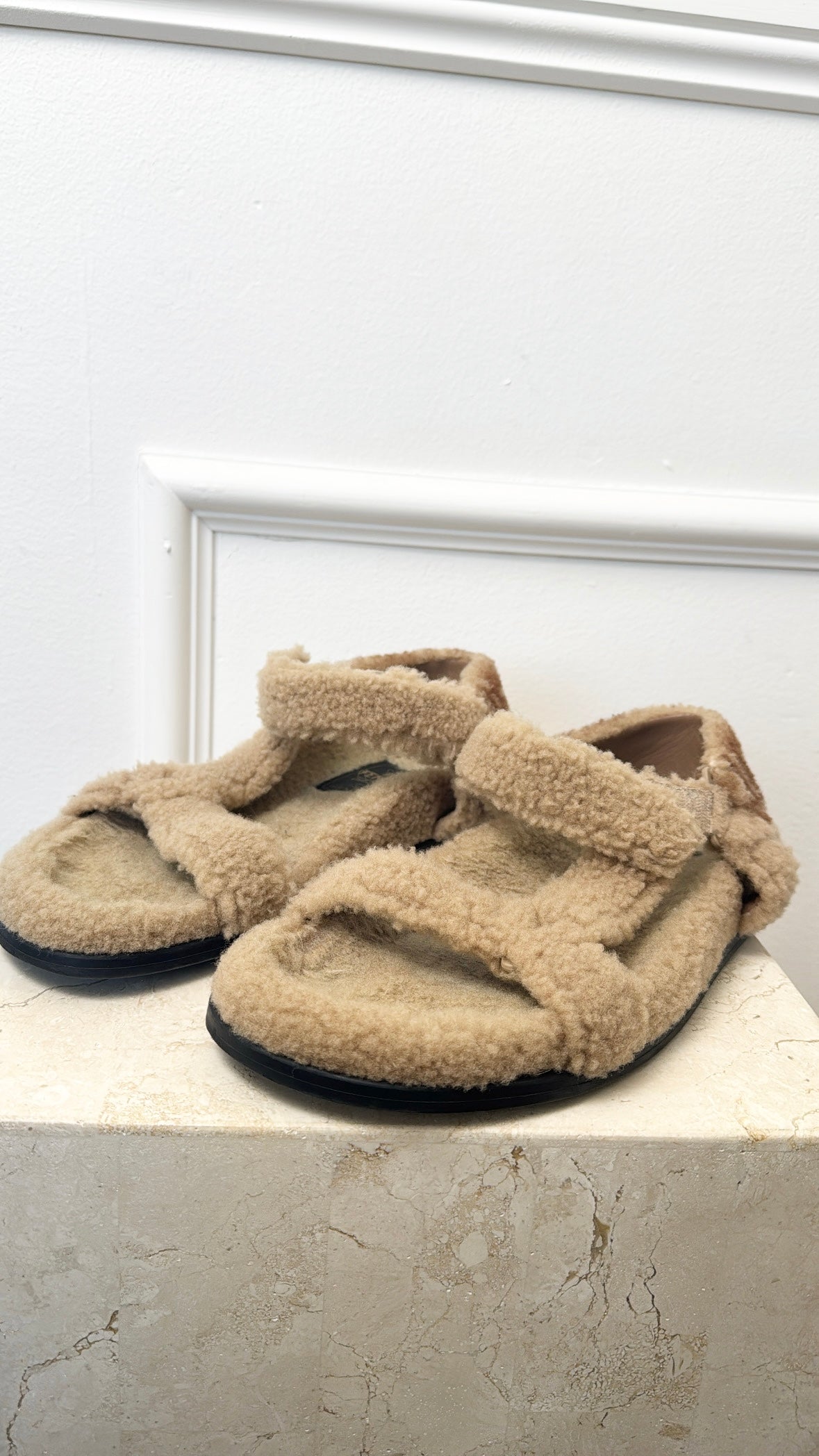 Fendi Beige Monogram Back Shearling Sandals, 40