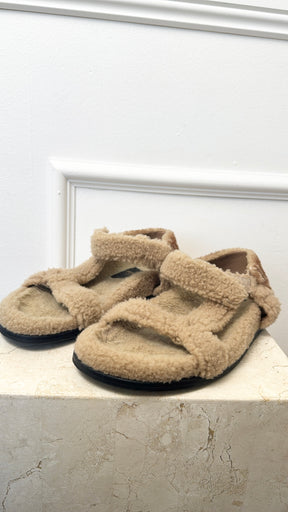 Fendi Beige Monogram Back Shearling Sandals, 40