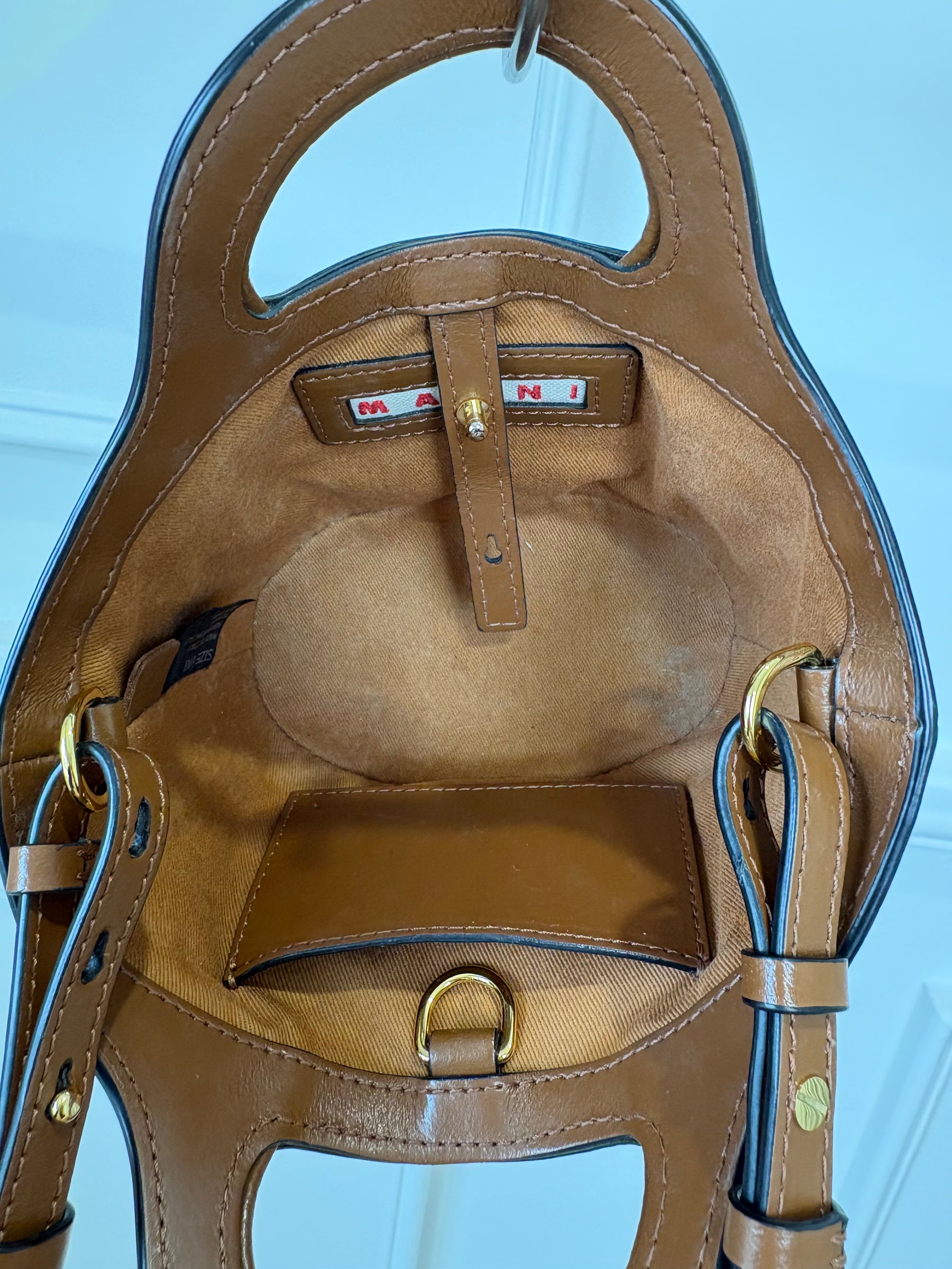 MARNI Brown Leather and Raffia Mini Logo Tote