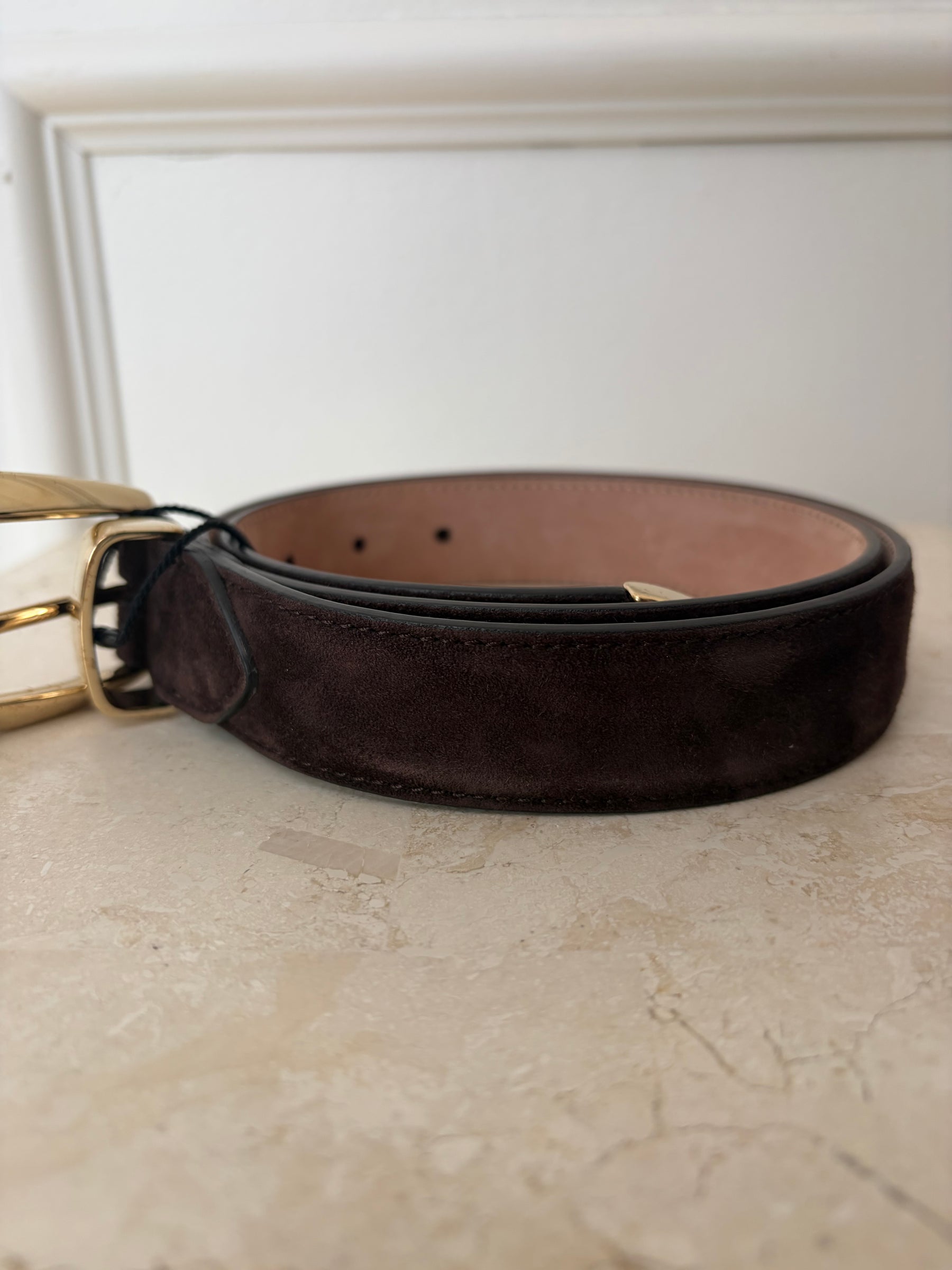 Khaite Brown Suede Belt with Gold Hardware, 80