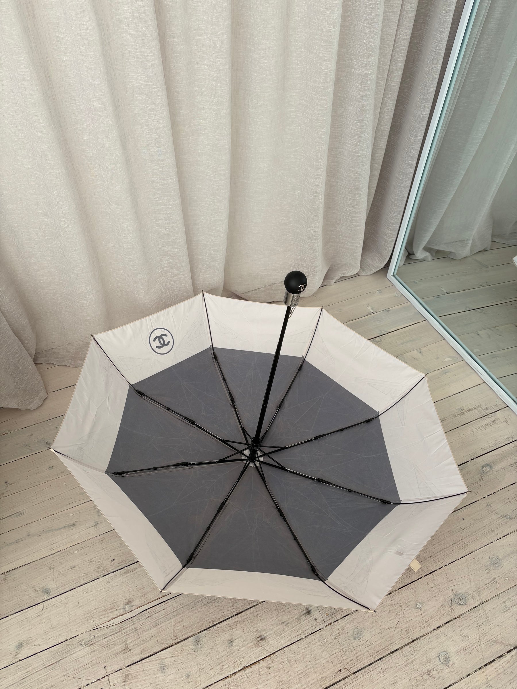 Chanel Black and Cream Logo Umbrella with Case