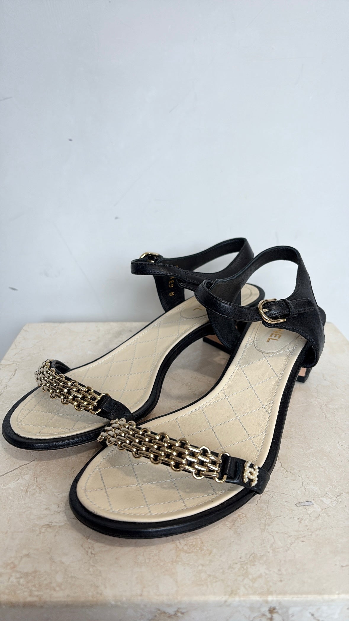 Chanel Black Leather Gold Chain Heeled Sandals, 38