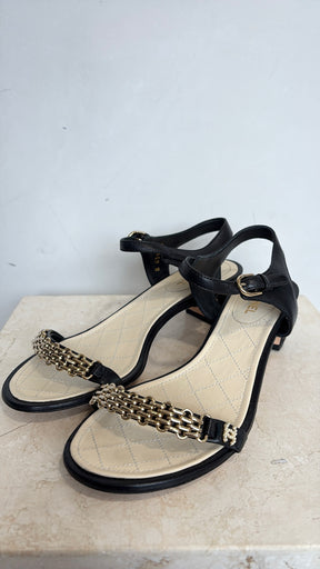 Chanel Black Leather Gold Chain Heeled Sandals, 38