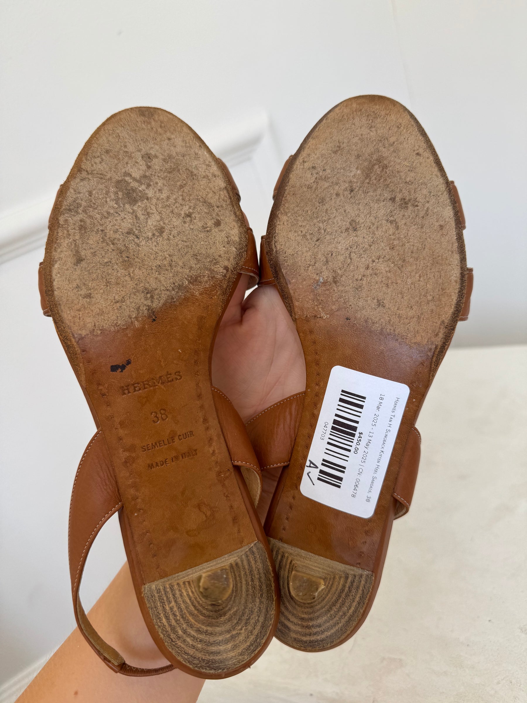 Hermès Tan H Slingback Kitten Heel Sandals, 38