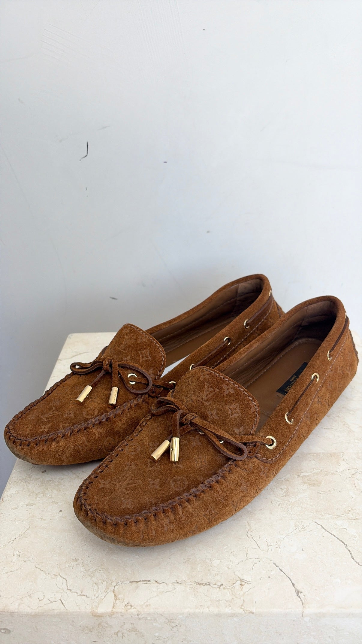 Louis Vuitton Monagram Suede Loafers Brown, 38.5