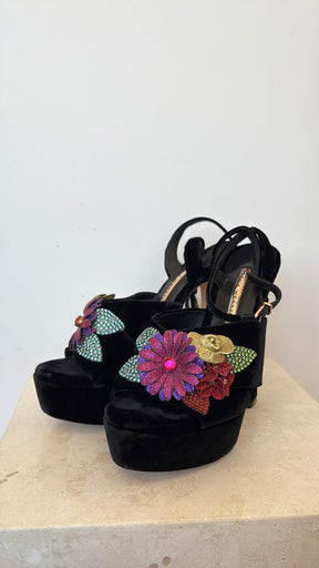 Sophia Webster Black Suede Floral Embellished Platform Peep Tie Pumps, 40