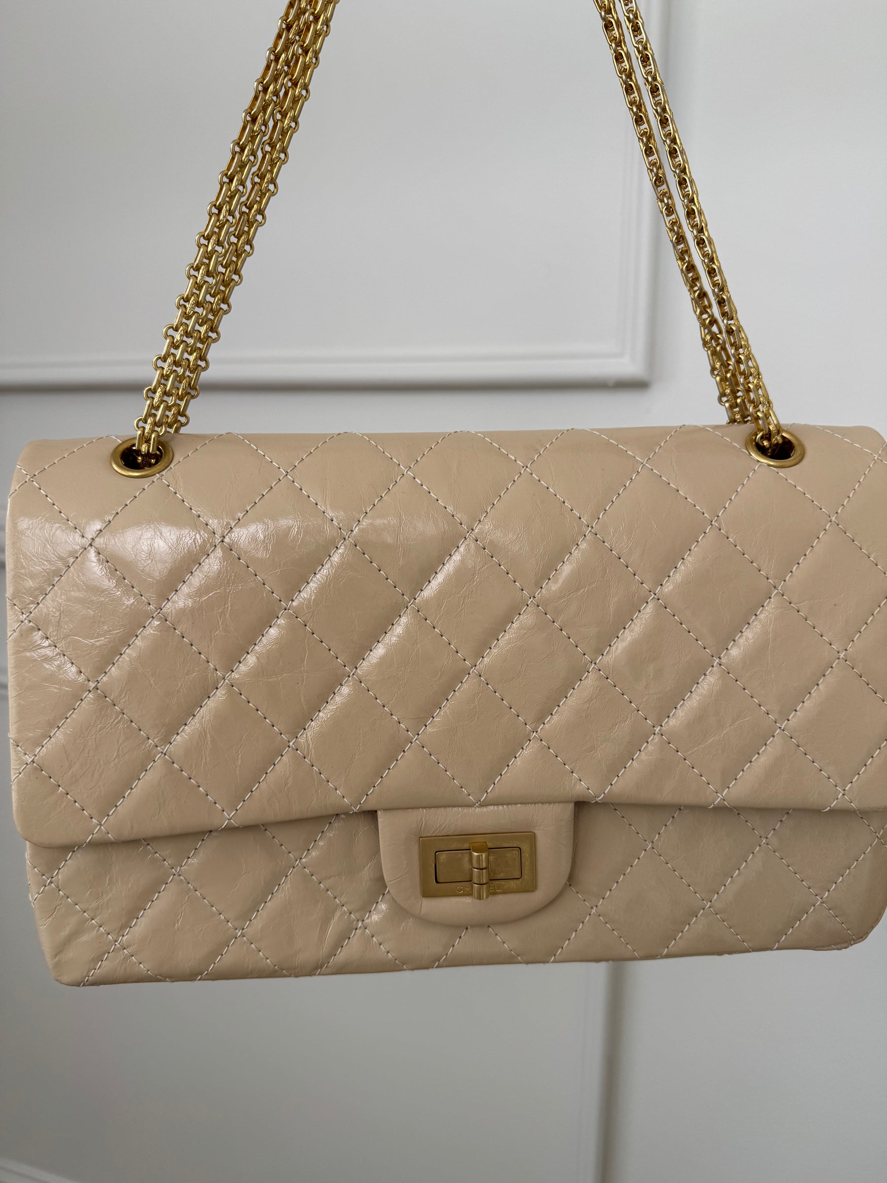 Chanel Beige Patent Leather Reissue 2.55 Jumbo Flap Bag