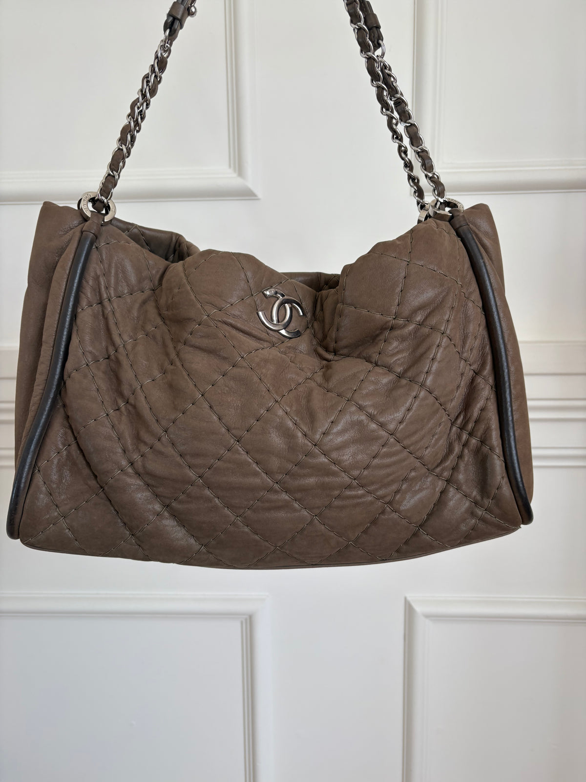 Chanel Taupe Coated Quilted Shoulder Tote