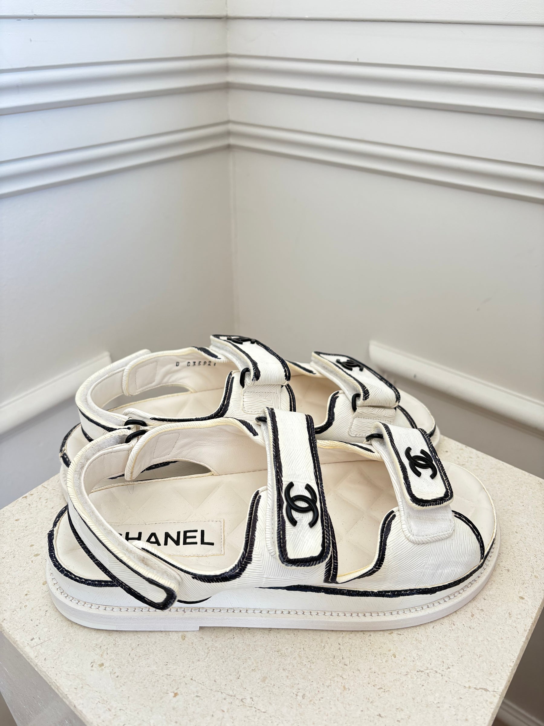 Chanel White and Black Sketch Print Dad Sandals, 37.5