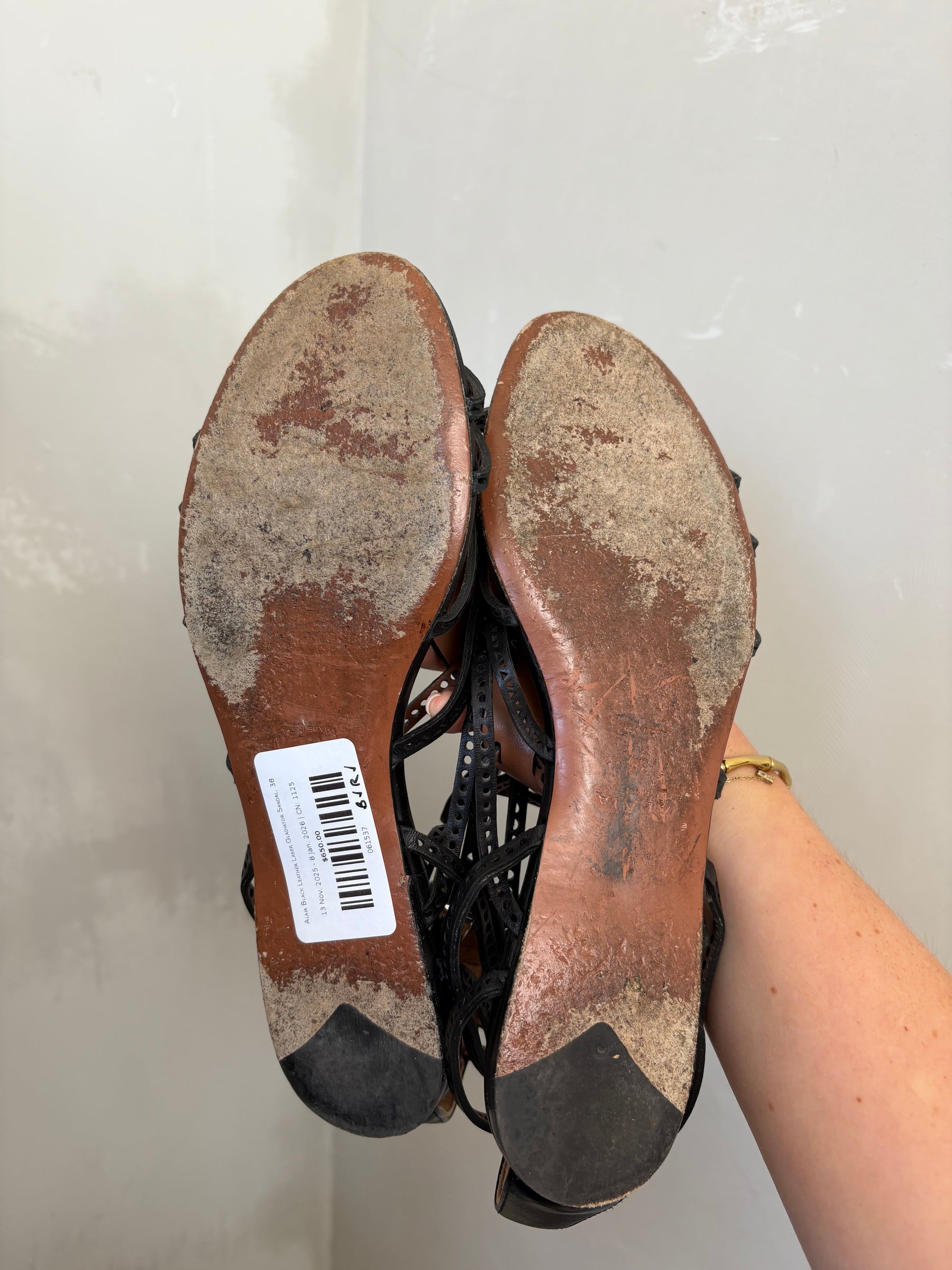 Alaia Black Leather Laser Gladiator Sandal, 38