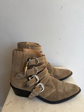 Toga Pulla Taupe Suede Buckle Western Boots, 39