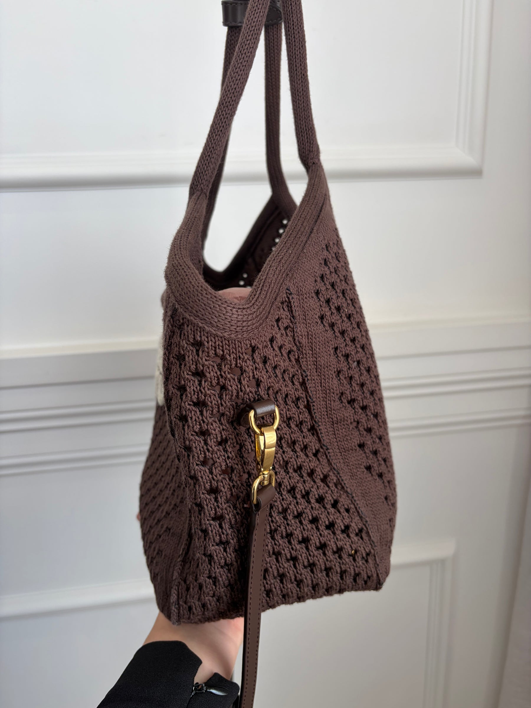 Miu Miu Ivy Cotton Mesh Tote Chocolate Brown