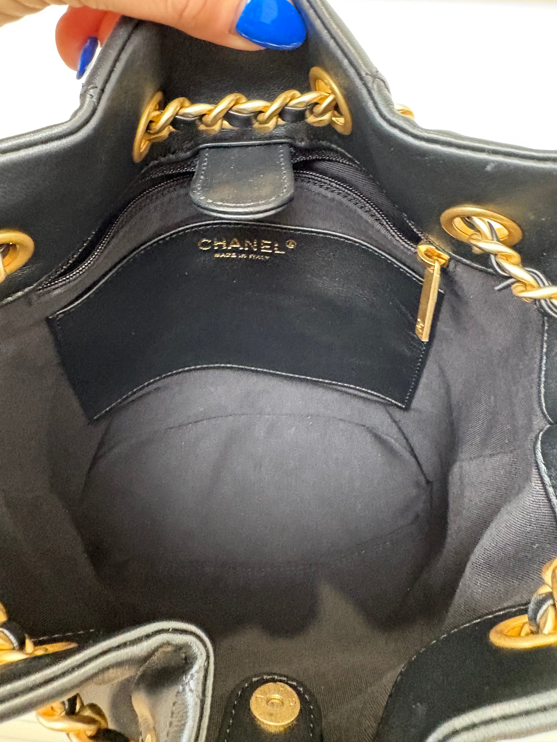Chanel Black Lambskin Leather Charm Bucket Bag