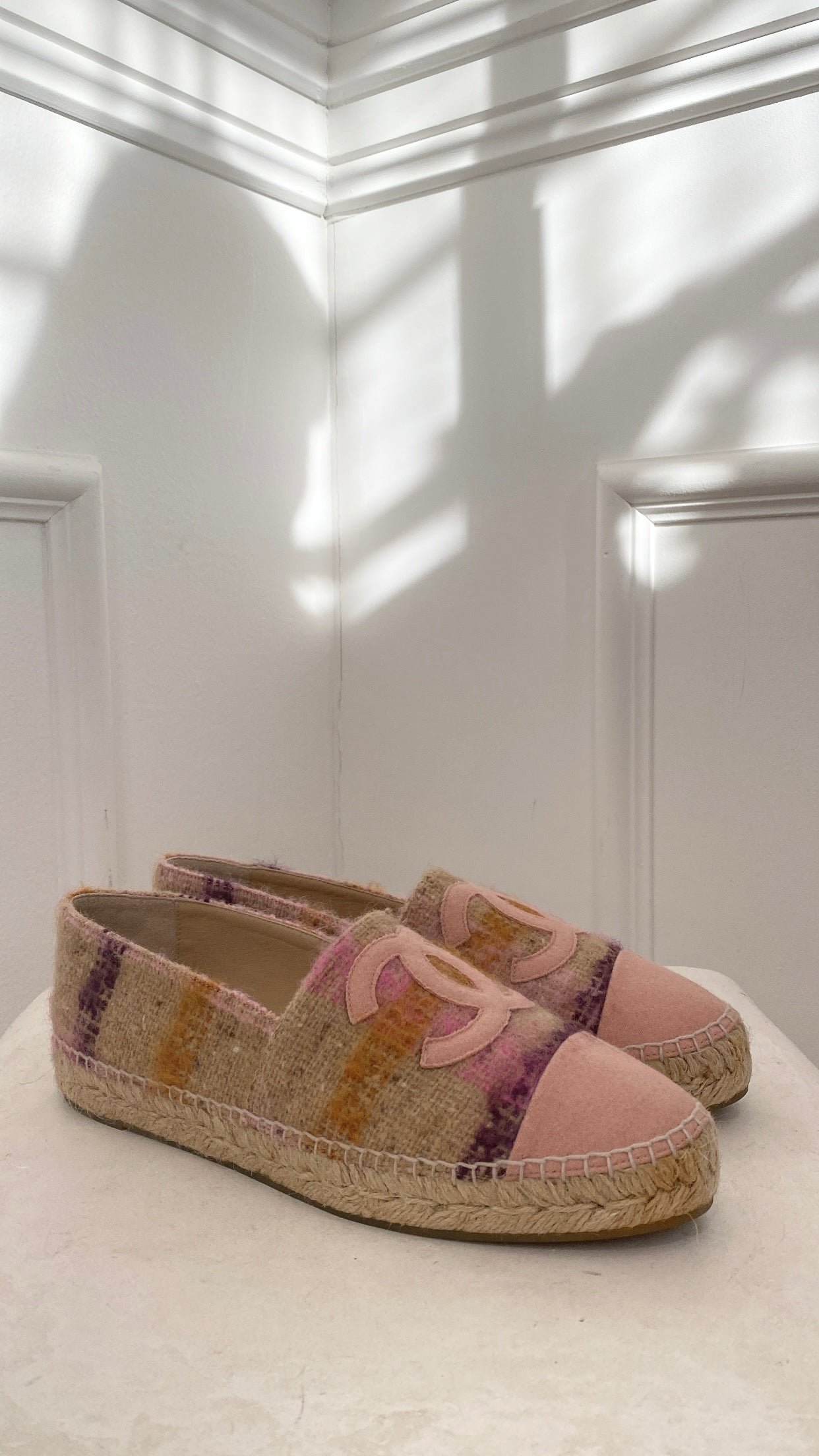 Chanel Beige and Pink Check Wool Logo Espadrille, 41