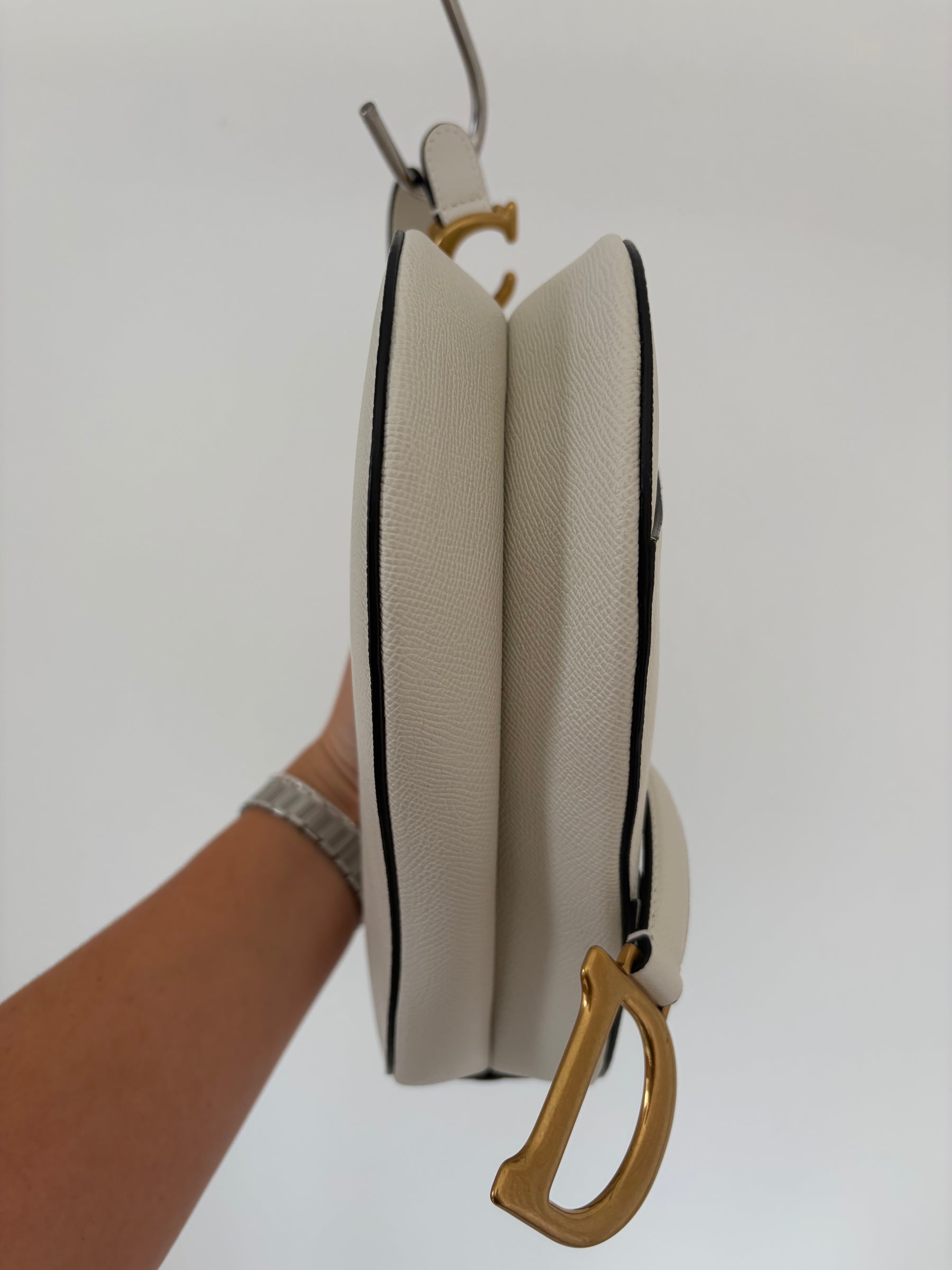 Dior White Grained Leather Saddle Bag with Strap