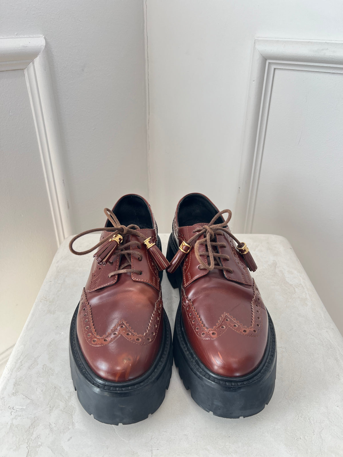 Céline Brown Leather Platform Brogues, 39