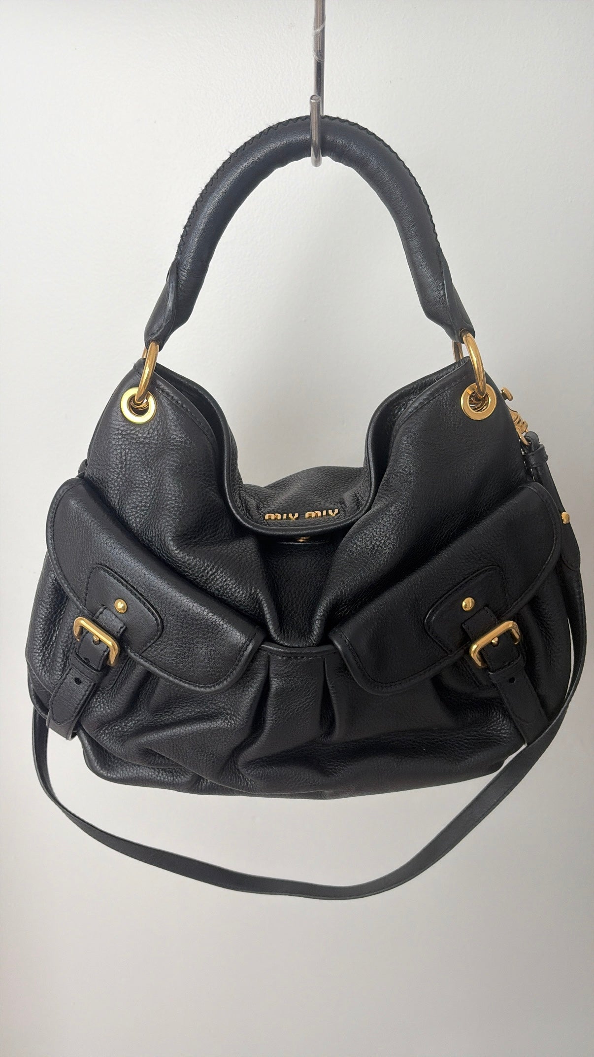 Miu Miu Black Leather Buckle Pocket Front Hobo Bag