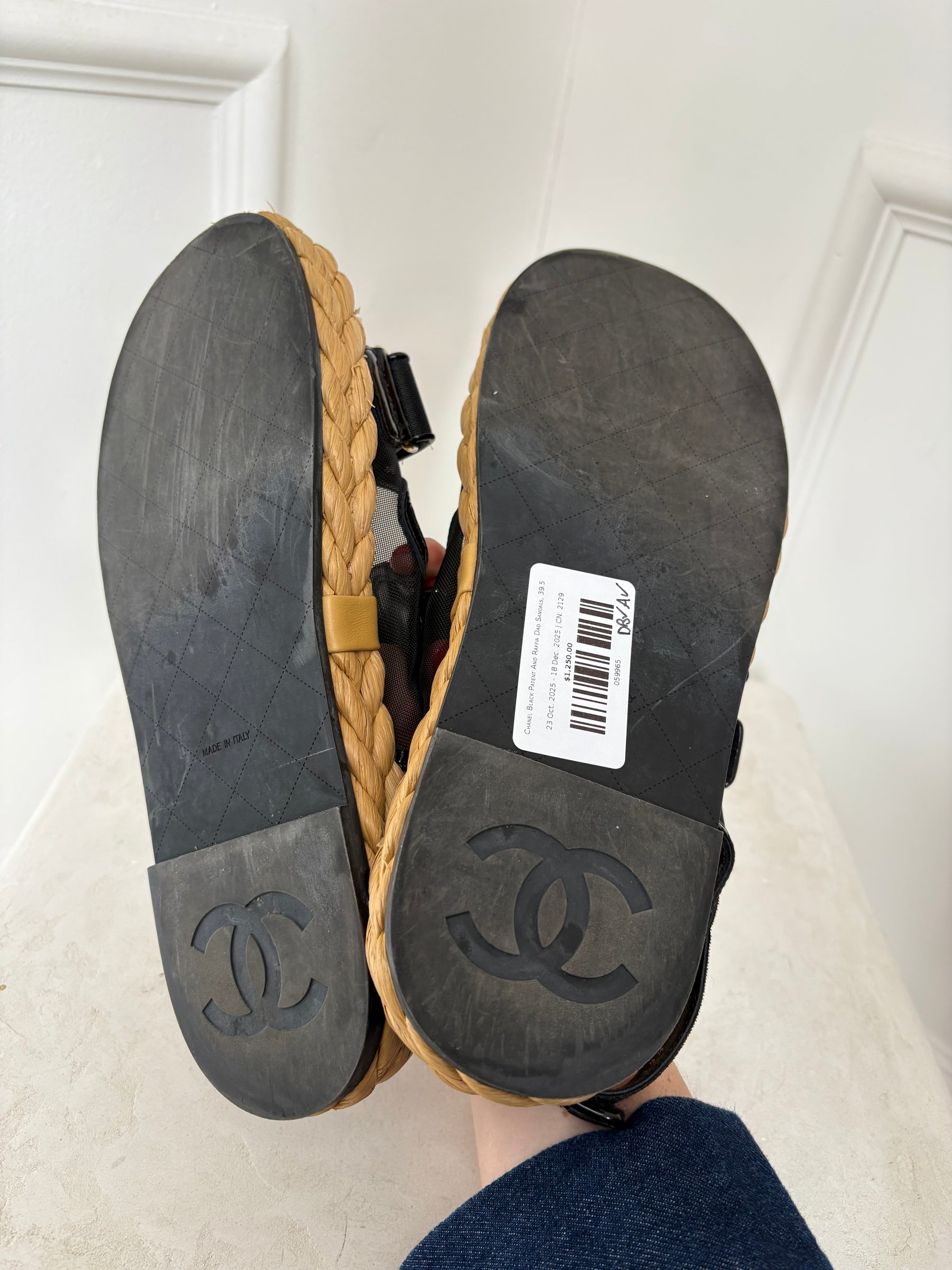 Chanel Black Patent And Raffia Dad Sandals, 39.5
