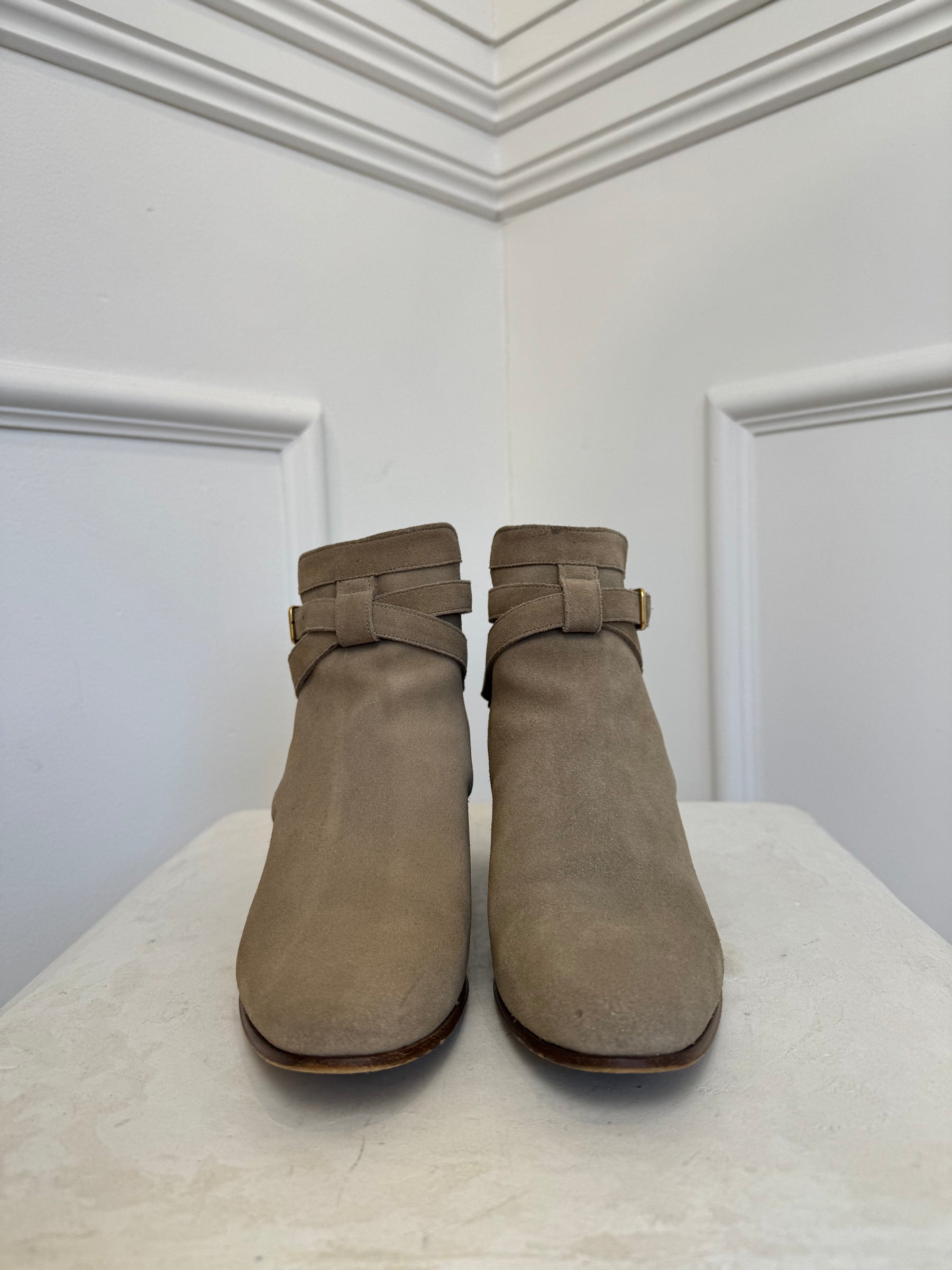 Saint Laurent Beige Suede Ankle Boots with Buckle, 38