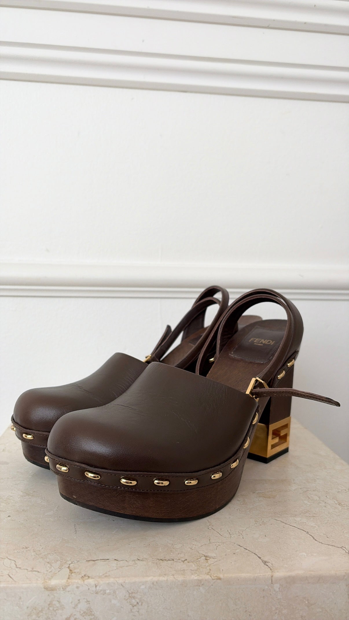 Fendi Brown Leather Platform Logo Heel Clogs, 38