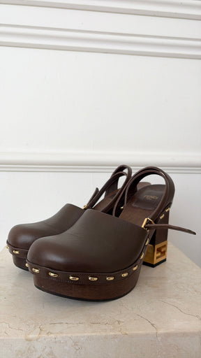 Fendi Brown Leather Platform Logo Heel Clogs, 38
