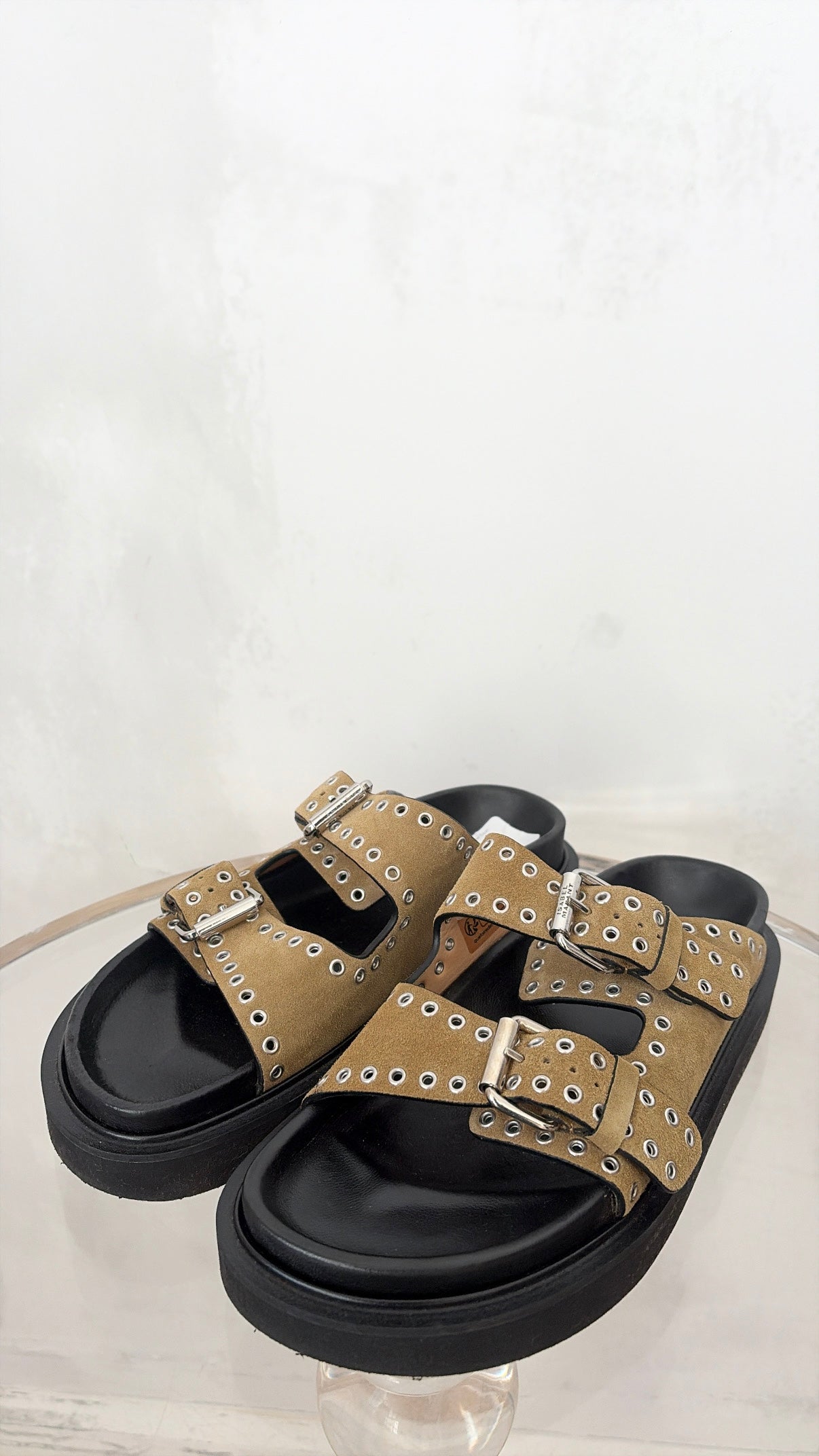 Isabel Marant Lennya Suede Double Strap Eyelet Slides  Khaki, 37