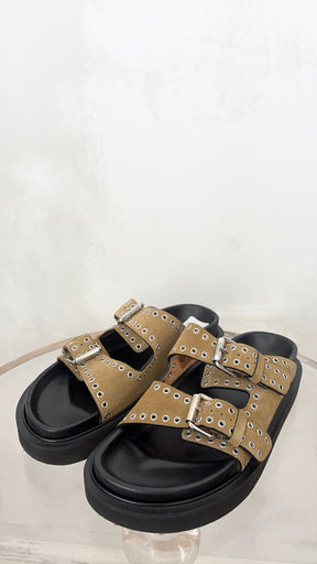 Isabel Marant Lennya Suede Double Strap Eyelet Slides  Khaki, 37