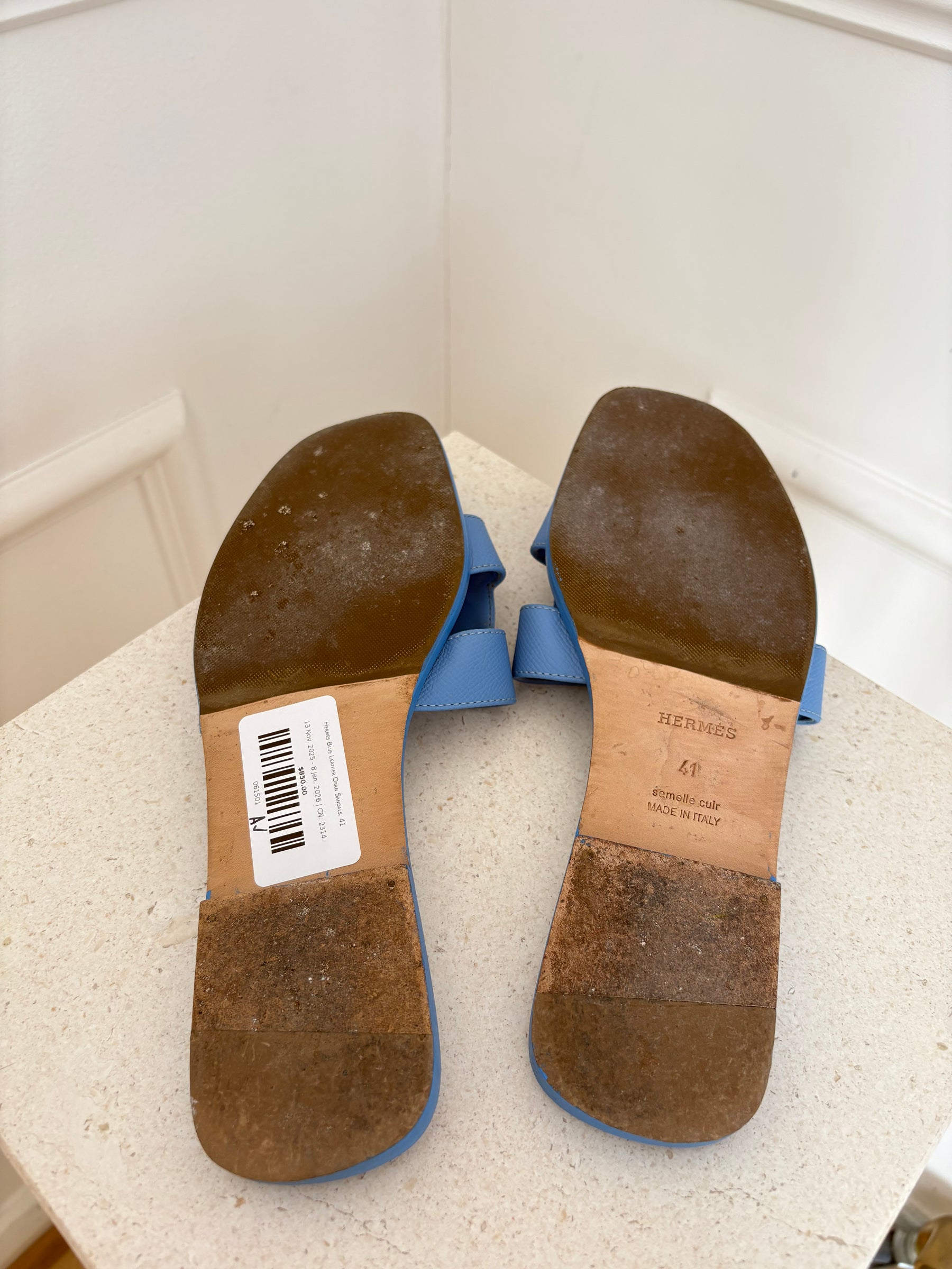 Hermès Blue Leather Oran Sandals, 41