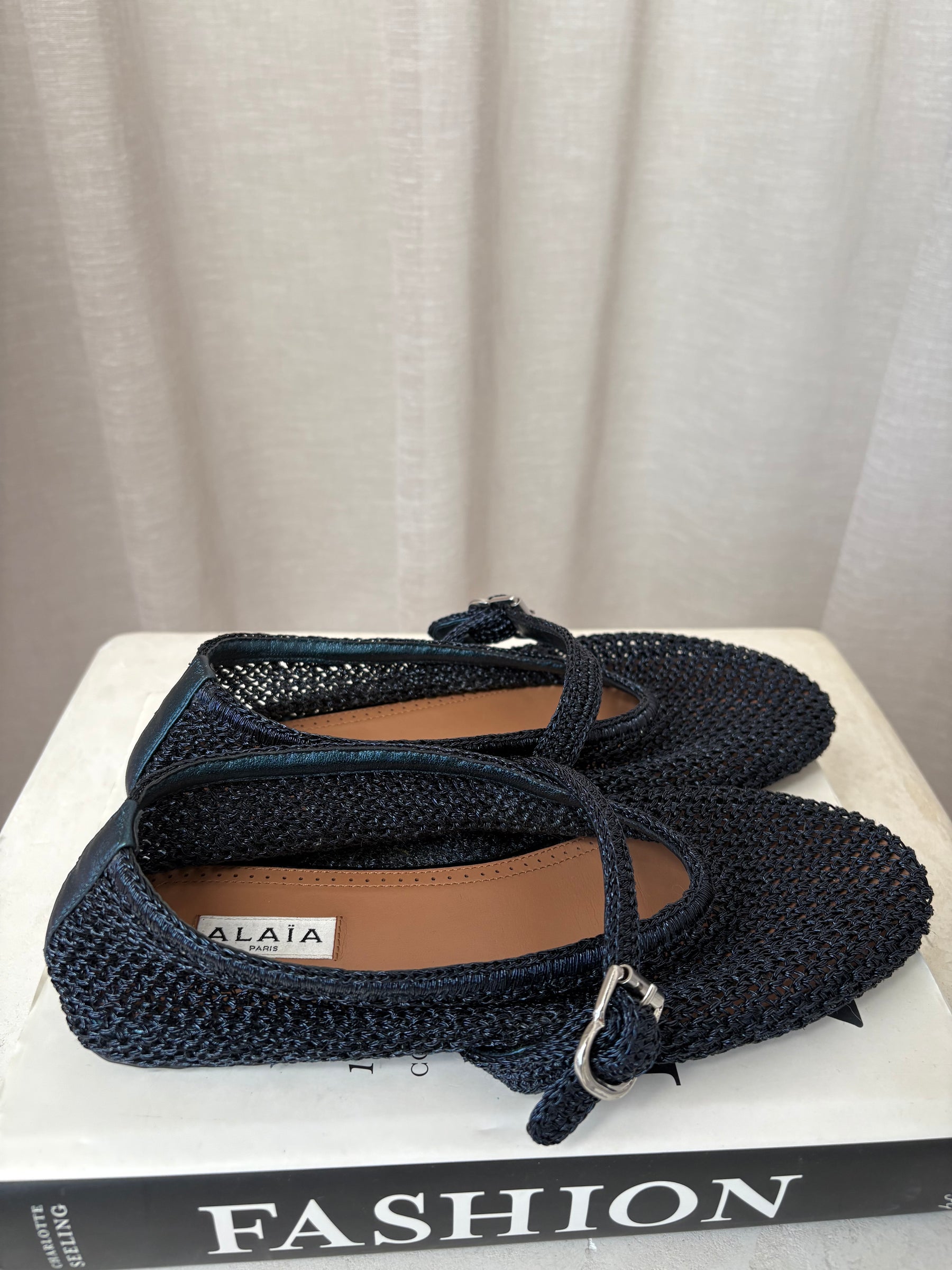 Alaïa Navy Metallic Crochet Ballet Flats, 38