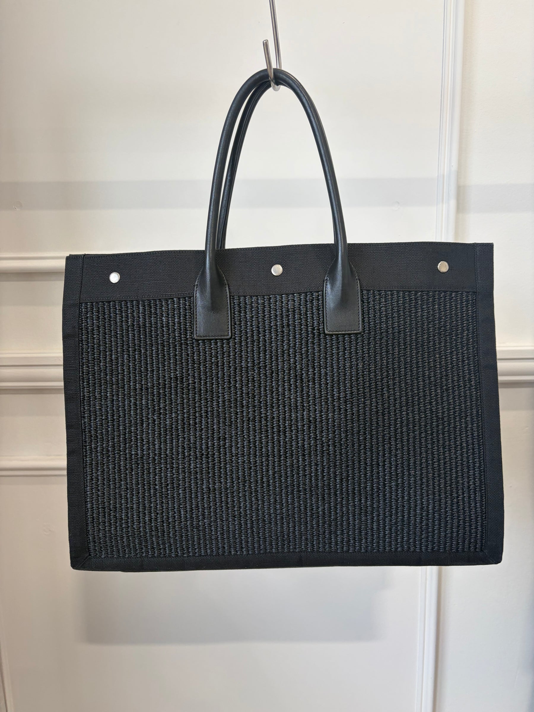 Saint Laurent Black Canvas and Raffia Rive Gauche Tote