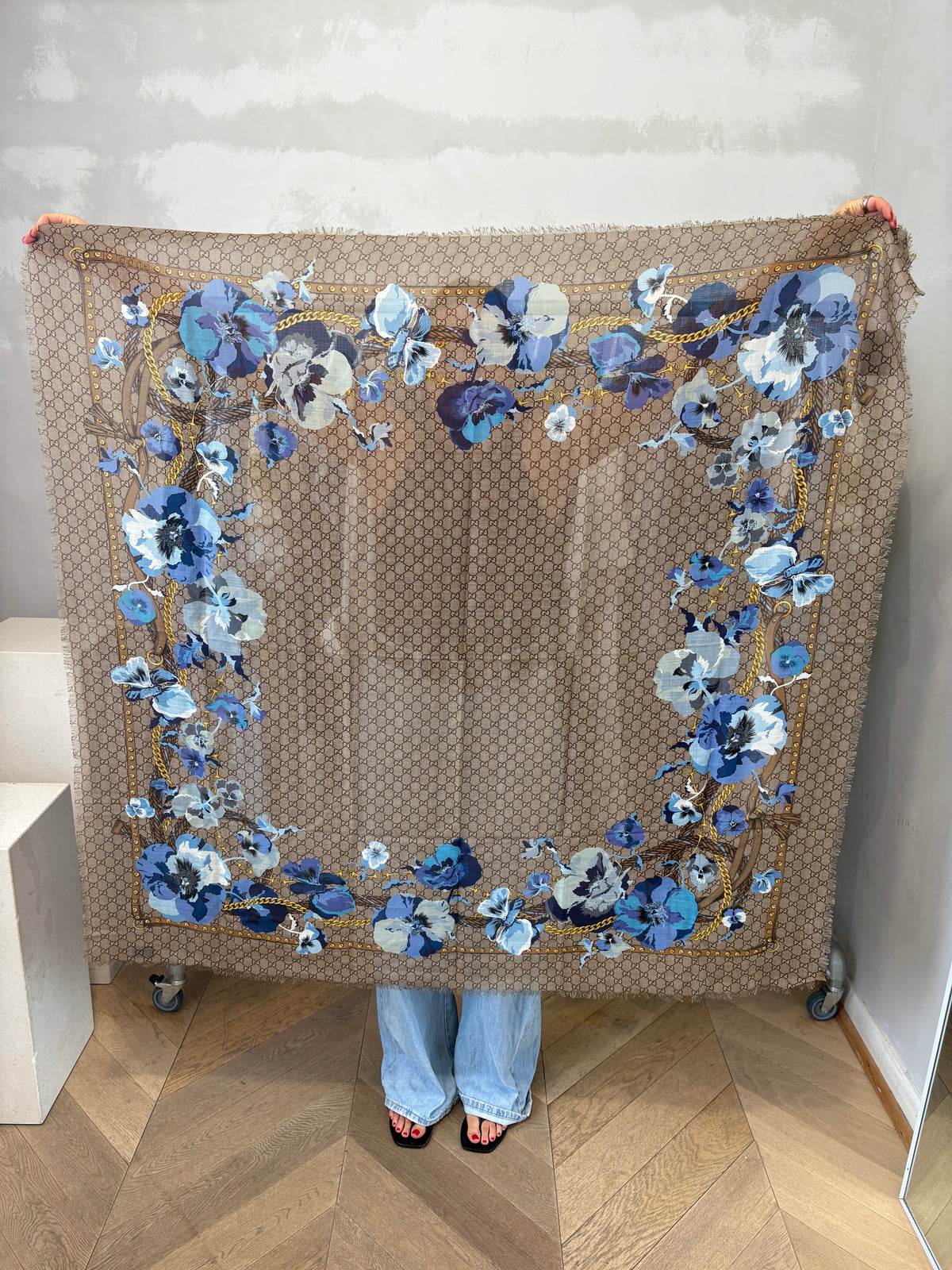 Gucci Wool Jacquard GG Monogram Big Panshie Fringe Shawl Sapphire Blue