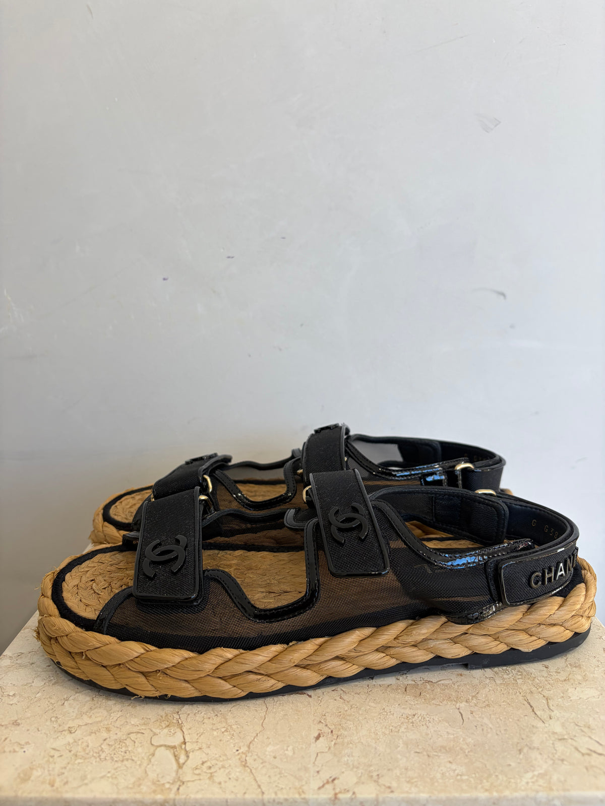Chanel Black Mesh and Raffia Dad Sandals, 39.5