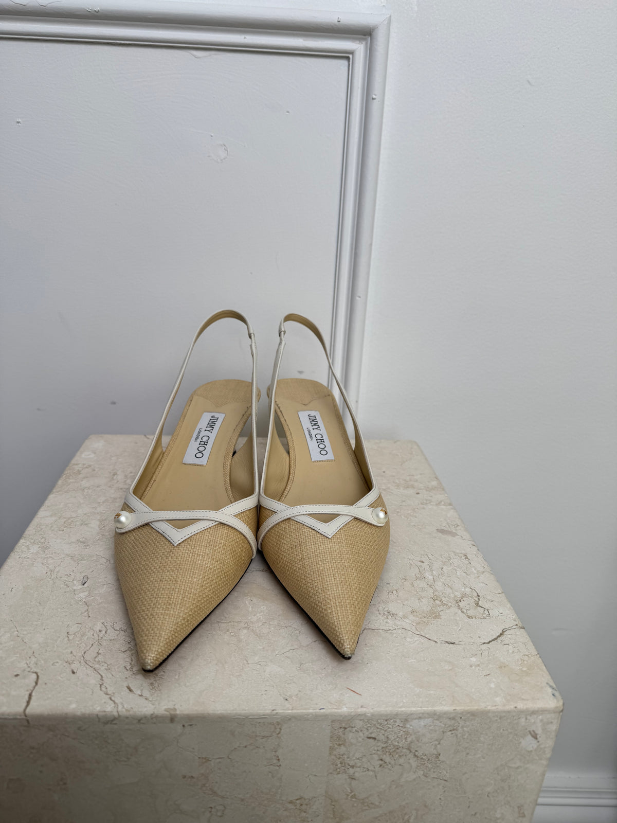 Jimmy Choo Raffia and White Leather Pointed Slingbacks, 41