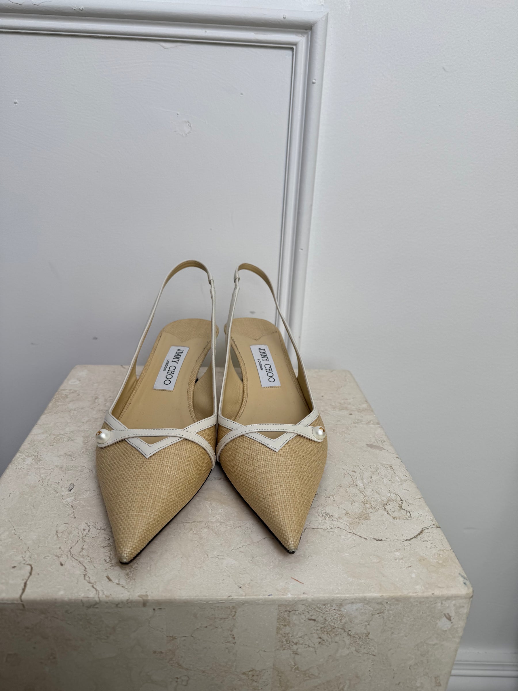 Jimmy Choo Raffia and White Leather Pointed Slingbacks, 41