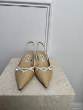 Jimmy Choo Raffia and White Leather Pointed Slingbacks, 41