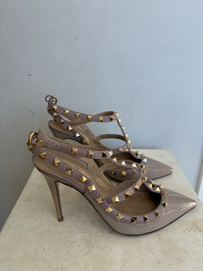 Valentino Garavani Beige Patent Rockstud Cage Pumps, 38