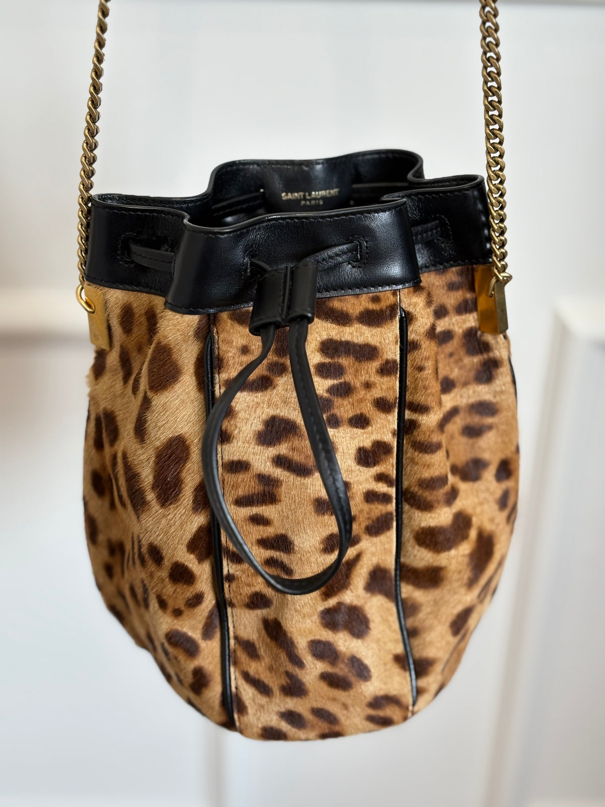 Saint Laurent Leopard Pony Hair and Black Leather Bucket Bag