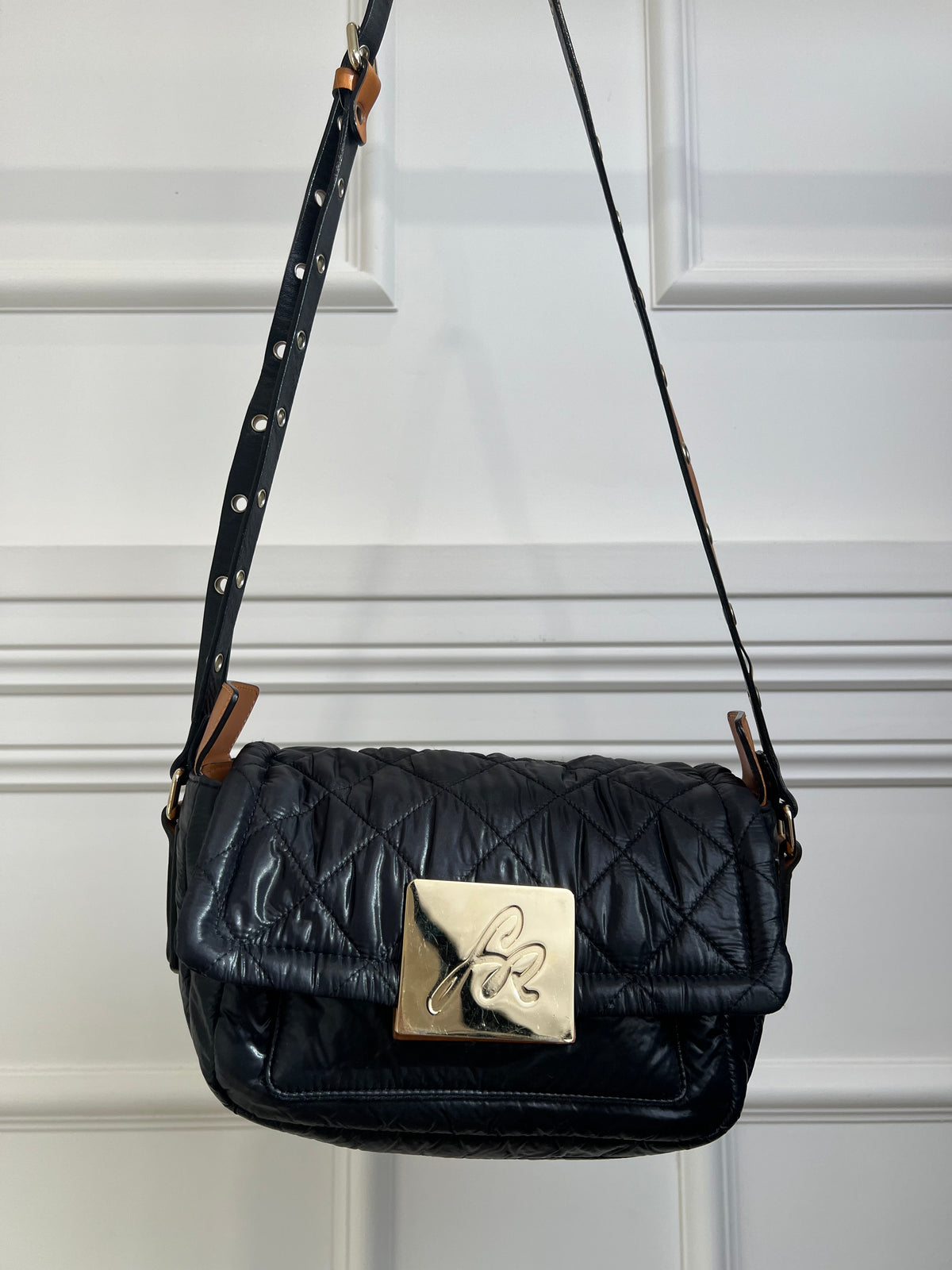 Sonia Rykiel Black Padded Tan Studded Strap Crossbody Bag