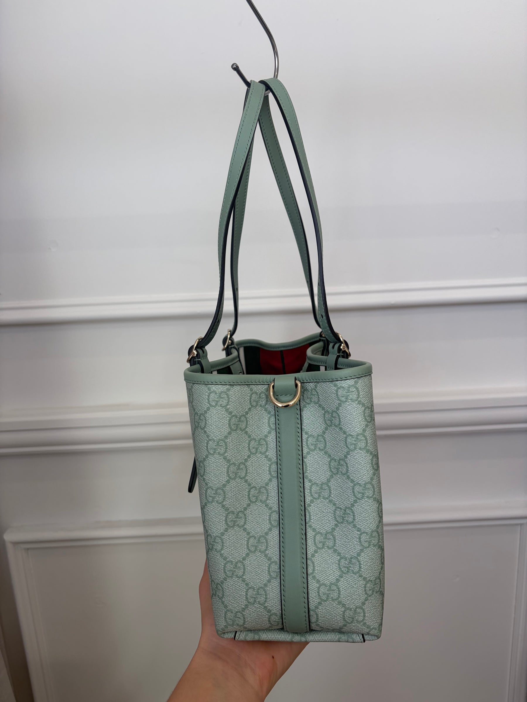 Gucci Sage Green GG Monogram Emblem Small Tote with Dog Charm