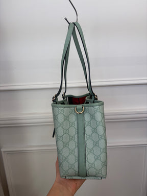 Gucci Sage Green GG Monogram Emblem Small Tote with Dog Charm