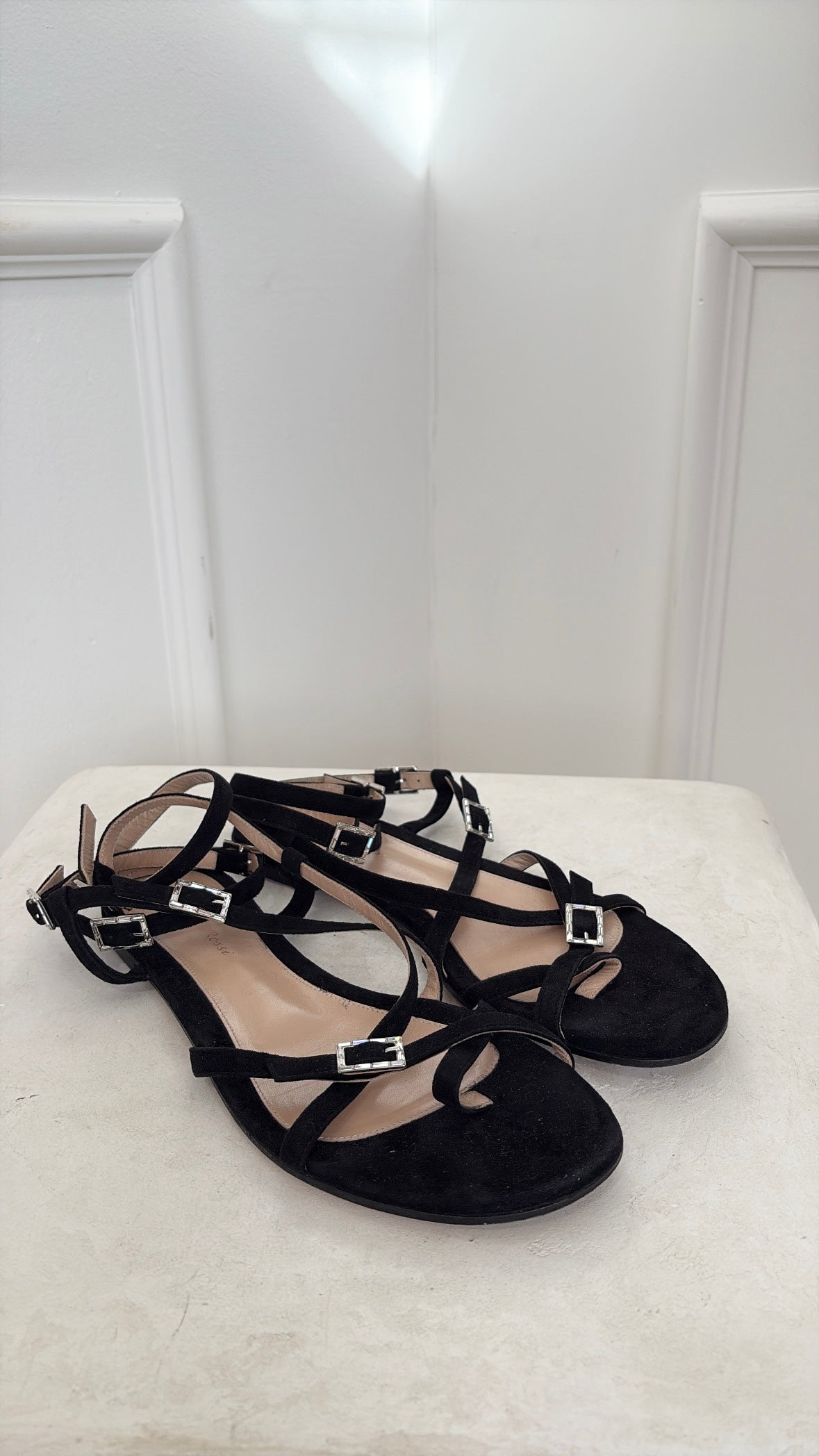 Gianvito Rossi Black Suede Crystal Ankle Wrap Flats, 39.5