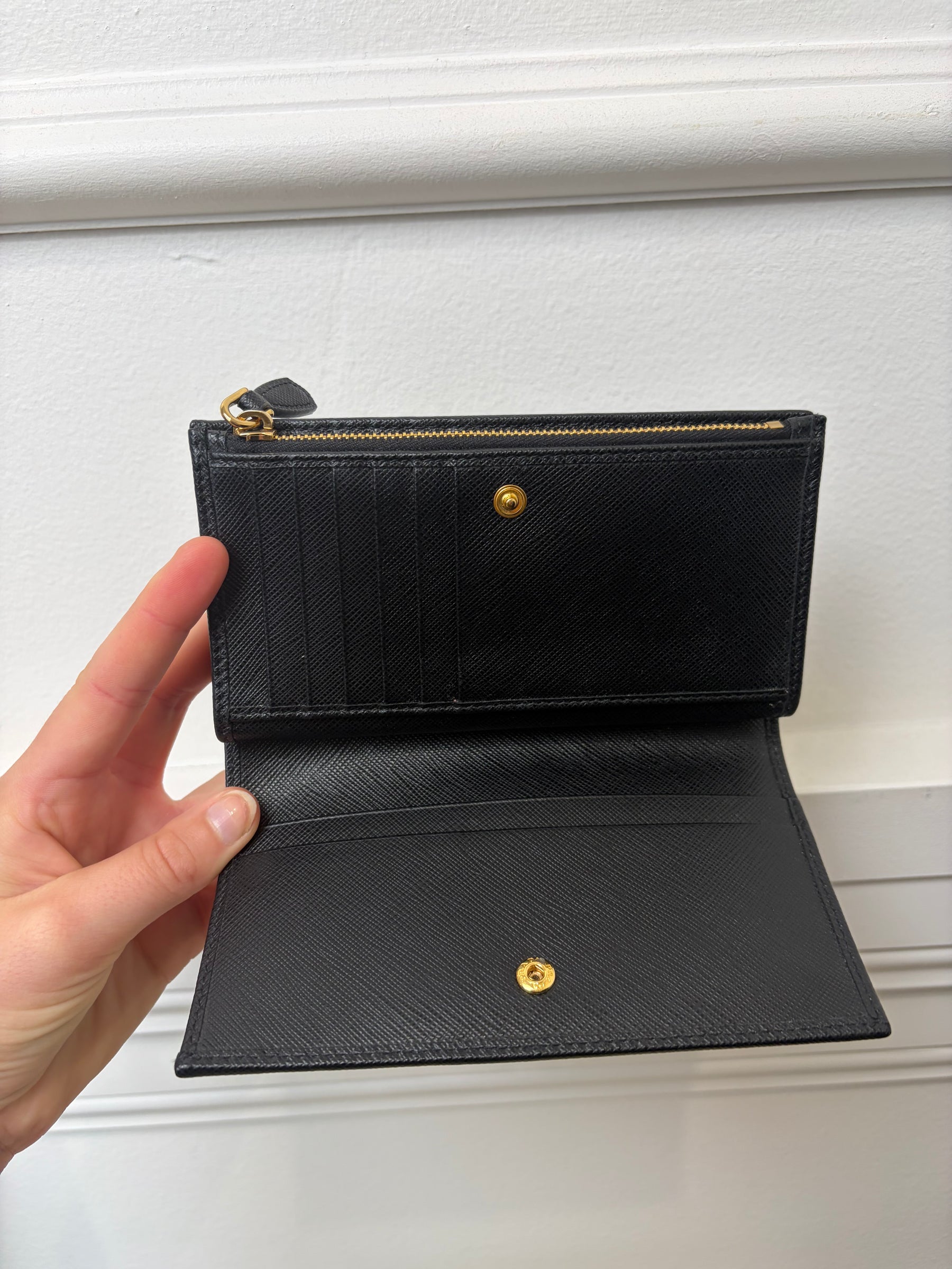 Prada Black Saffiano Leather Trifold Logo Wallet
