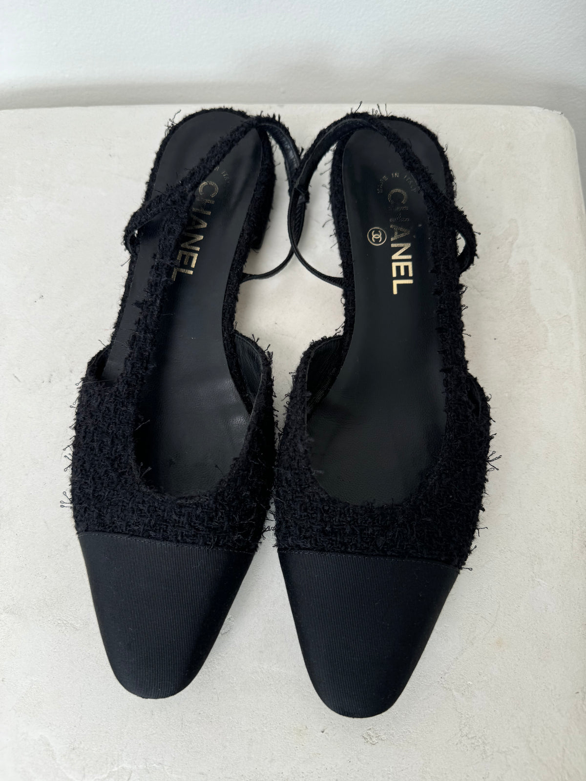 Chanel Black Tweed Slingback Flats, 41.5C